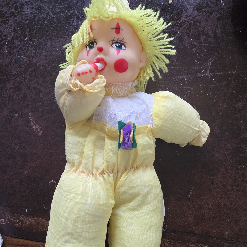 Vintage Yellow Clown Doll with Red Accents